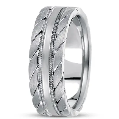 10K white gold 7.5mm. satin hand-made-hand-woven-wedding-band - main view thumbnail