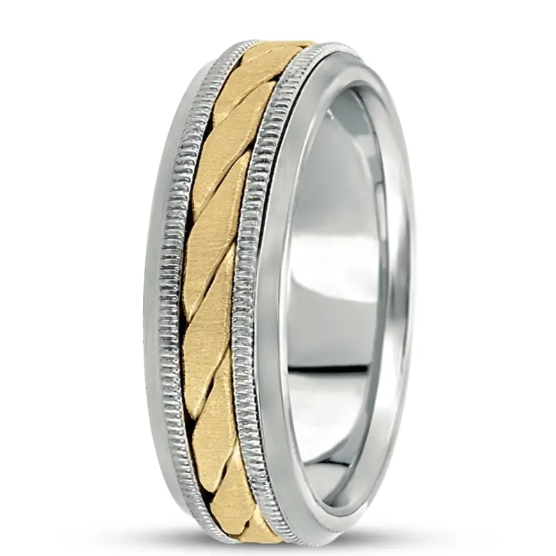10K white-yellow-white gold 7mm. cross satin hand-made-hand-woven-wedding-band - main view