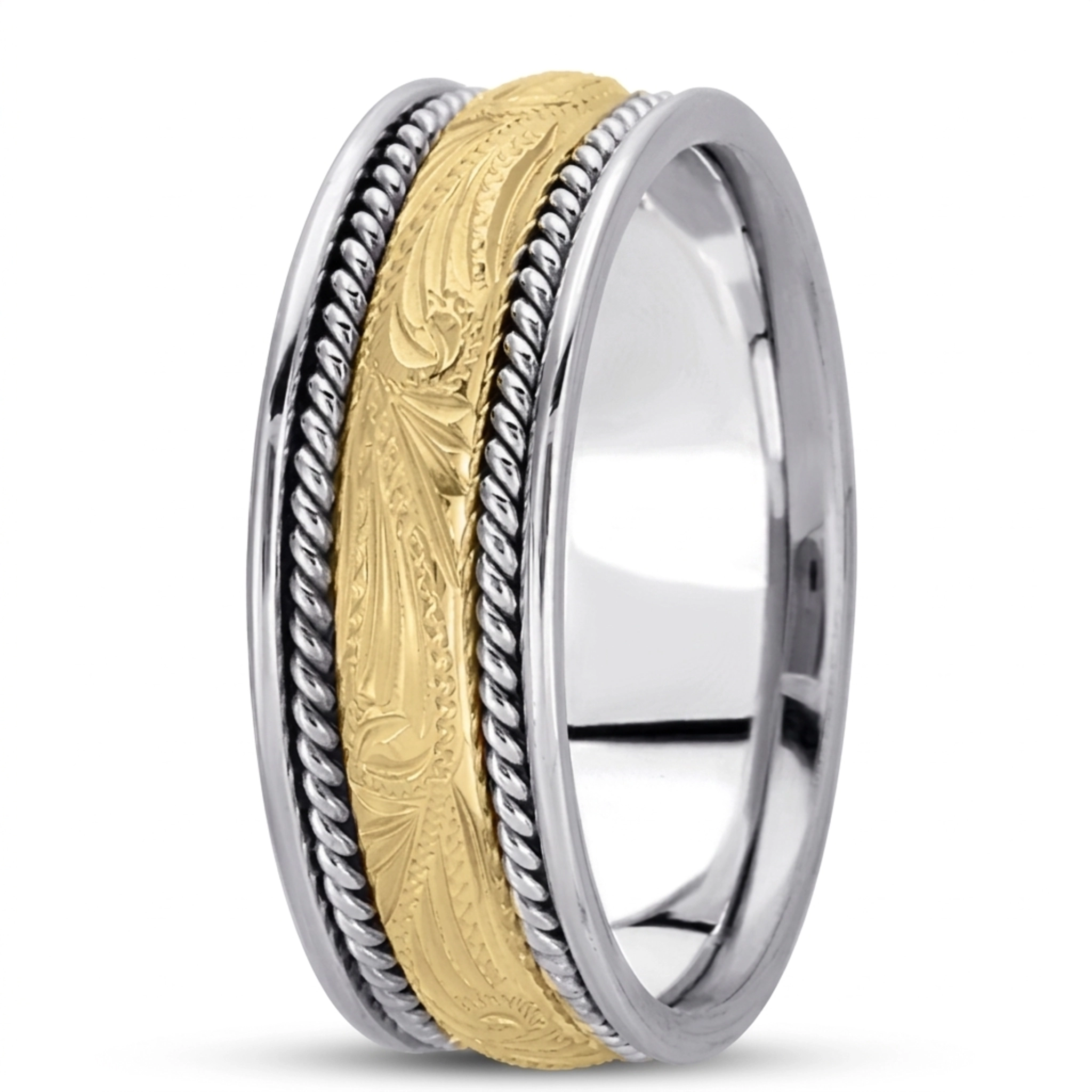 10K white-yellow-white gold 8.5mm. high polish hand-made-antique-wedding-band - main view