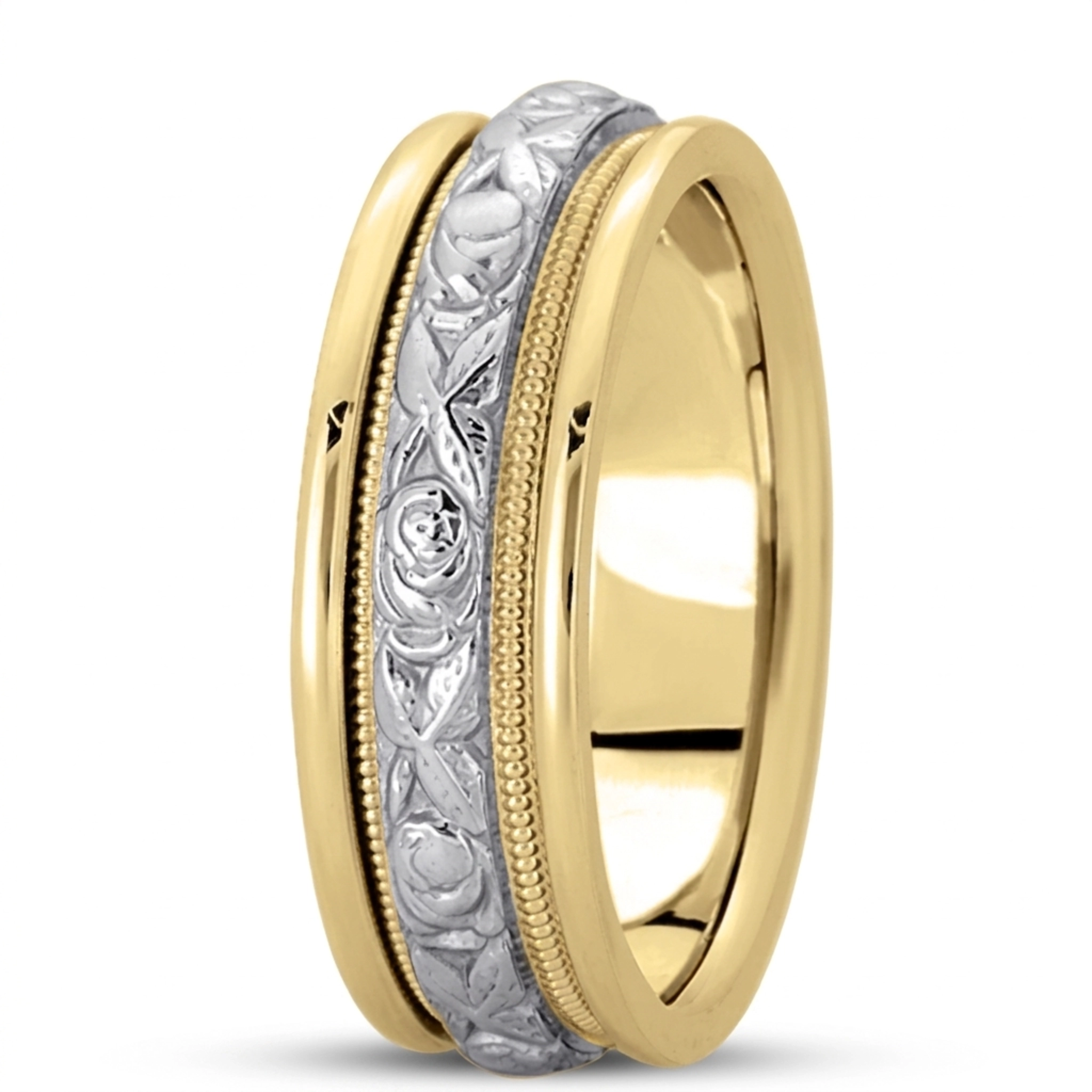 10K yellow-white-yellow gold 7mm. high polish hand-made-antique-wedding-band - main view