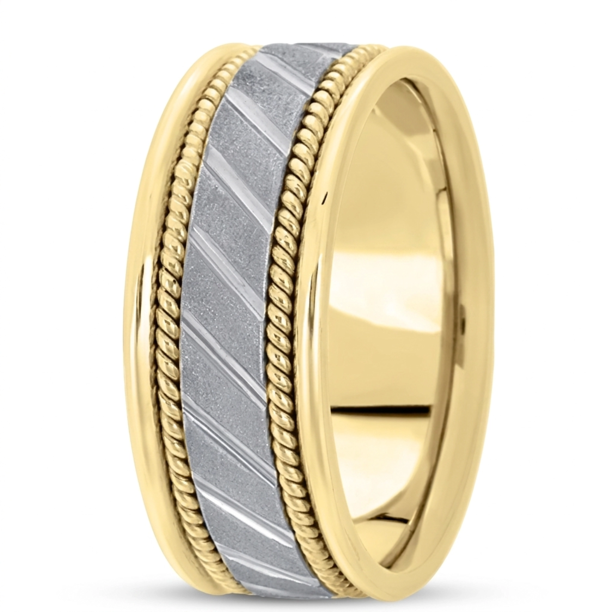 10K yellow-white-yellow gold 9mm. stone finish hand-made-contemporary-wedding-band - alternate view 4