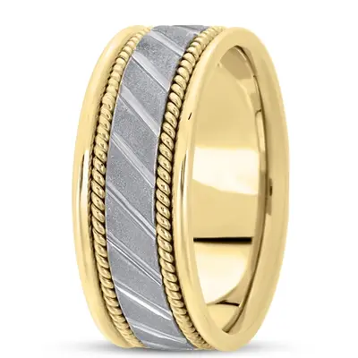 10K yellow-white-yellow gold 9mm. stone finish hand-made-contemporary-wedding-band - alternate view 4 thumbnail