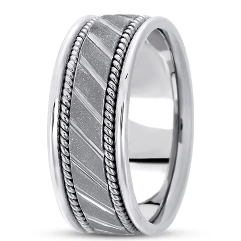 14K white gold 9mm. stone finish hand-made-contemporary-wedding-band - alternate view 2