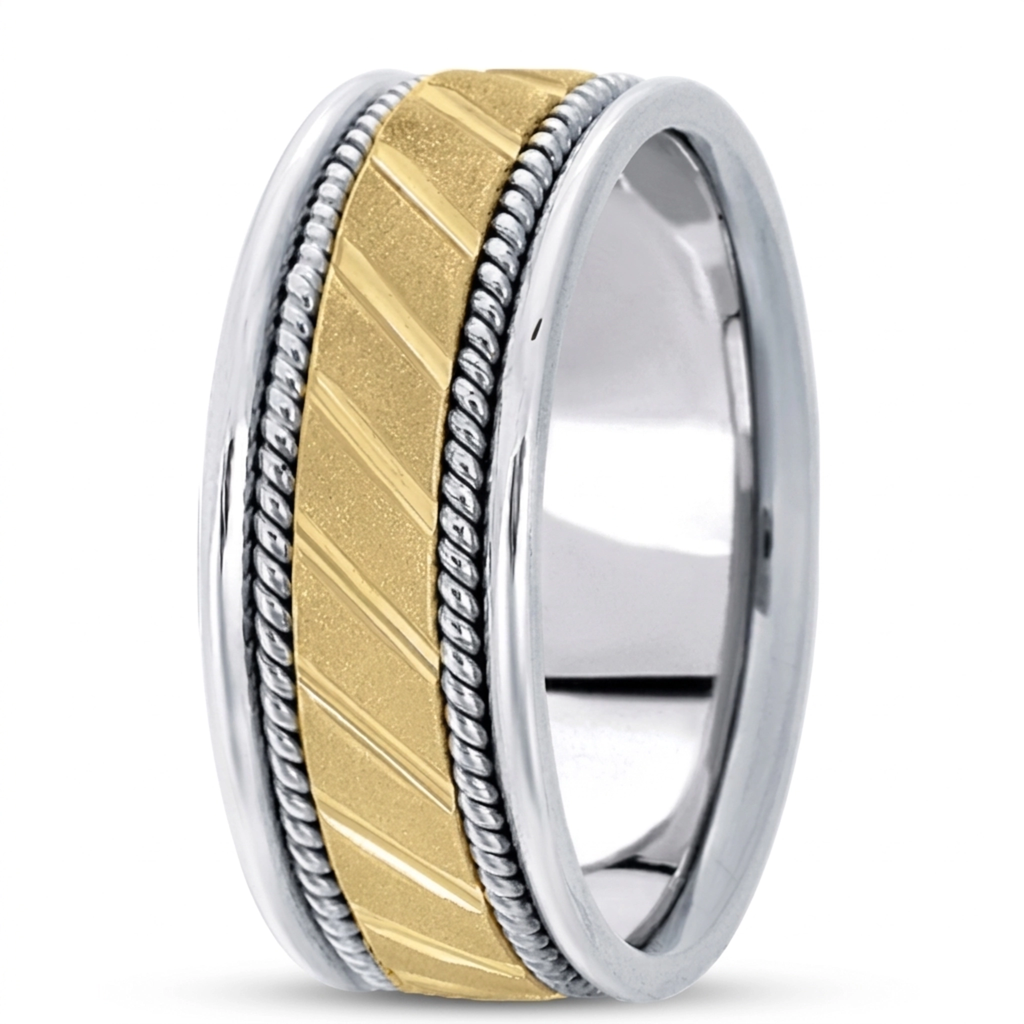10K white-yellow-white gold 9mm. stone finish hand-made-contemporary-wedding-band - main view