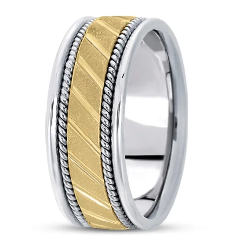 14K white-yellow-white gold 9mm. stone finish hand-made-contemporary-wedding-band - main view