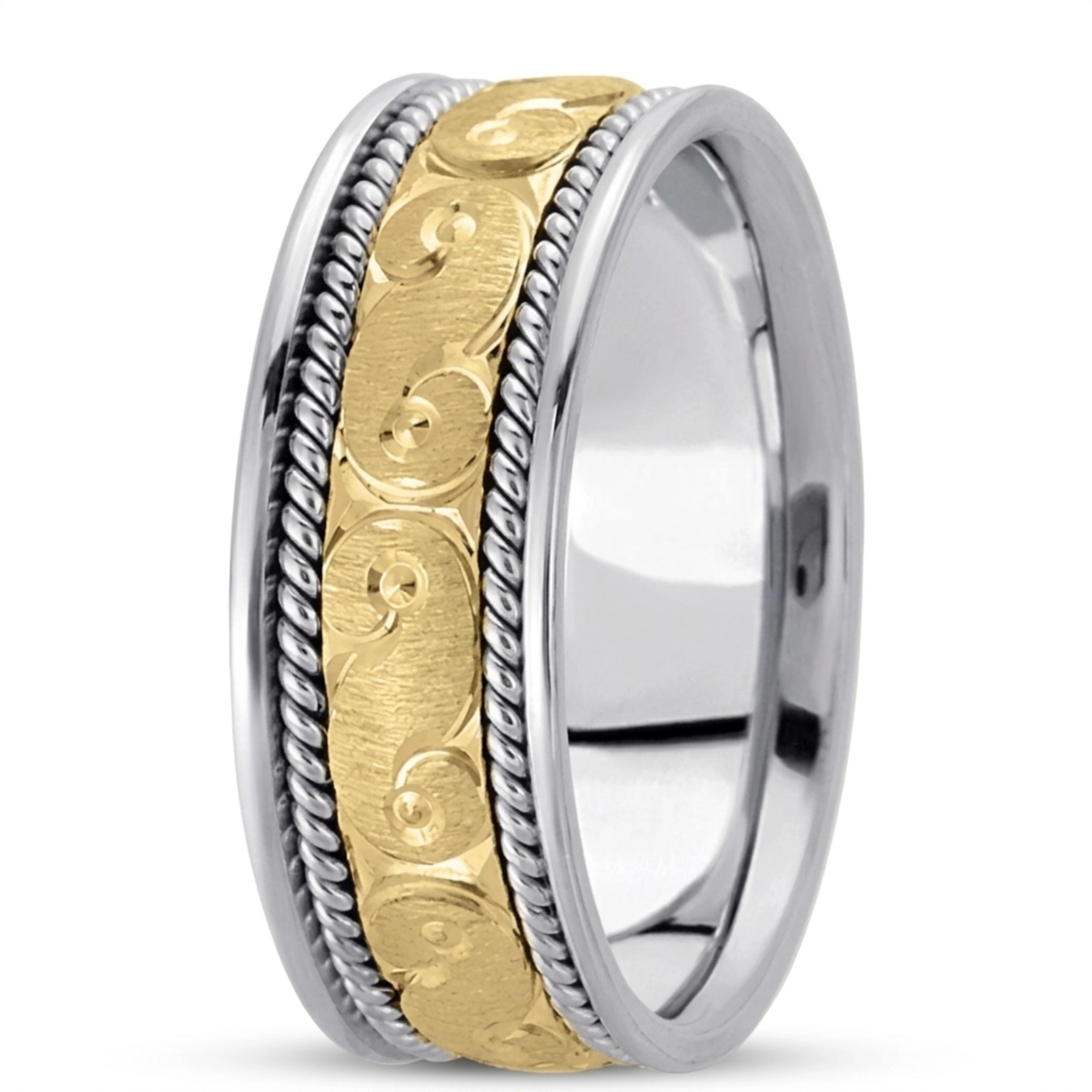 10K white-yellow-white gold 9mm. cross satin hand-made-modern-wedding-band - main view