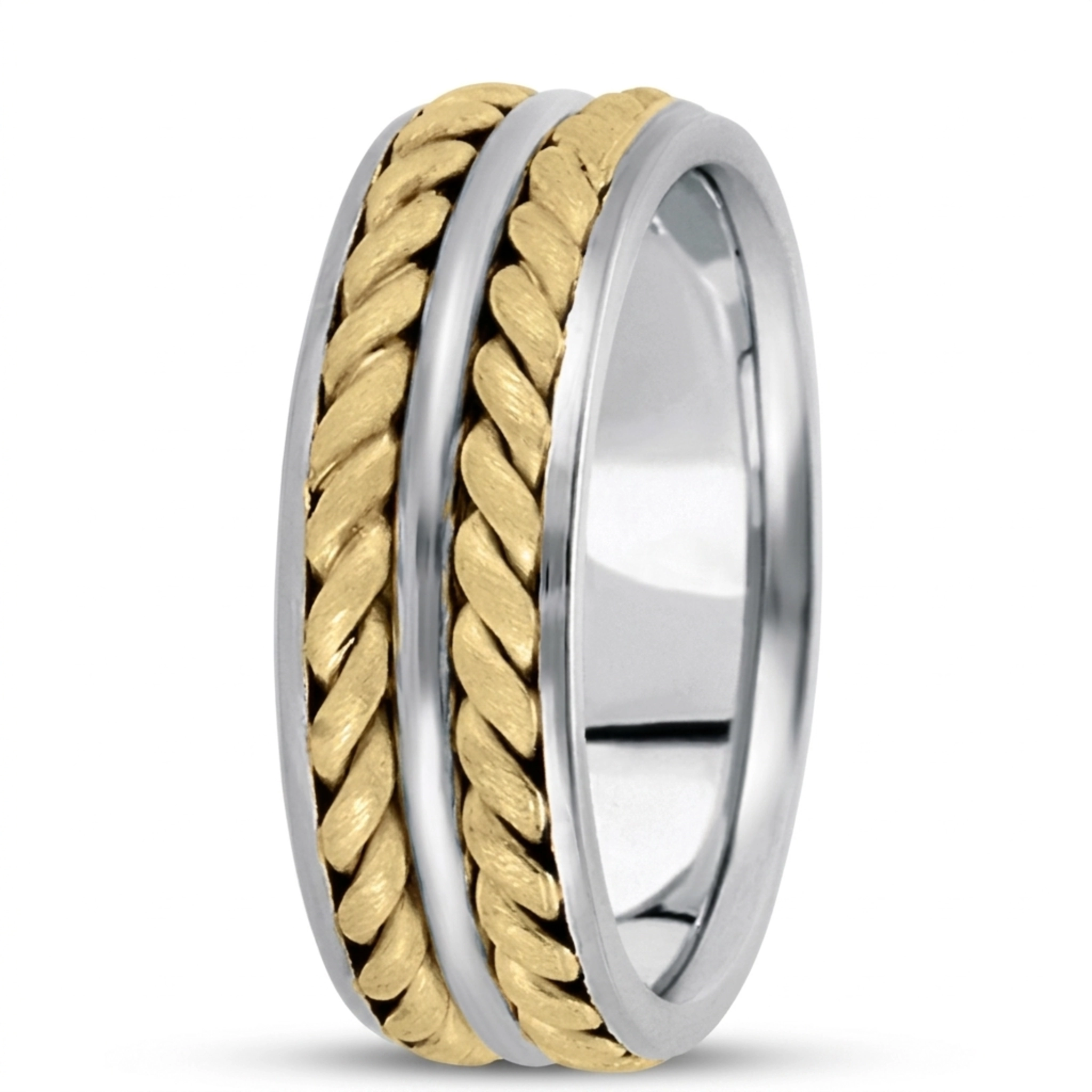 10K w-y-w-y-w gold 7.5mm. cross satin hand-made-hand-woven-wedding-band - main view
