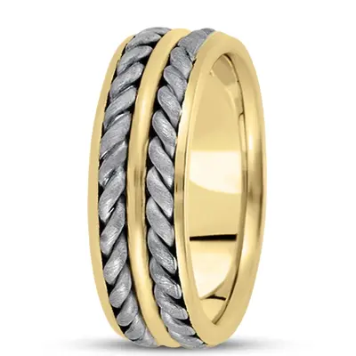 10K y-w-y-w-y gold 7.5mm. cross satin hand-made-hand-woven-wedding-band - alternate view 4 thumbnail