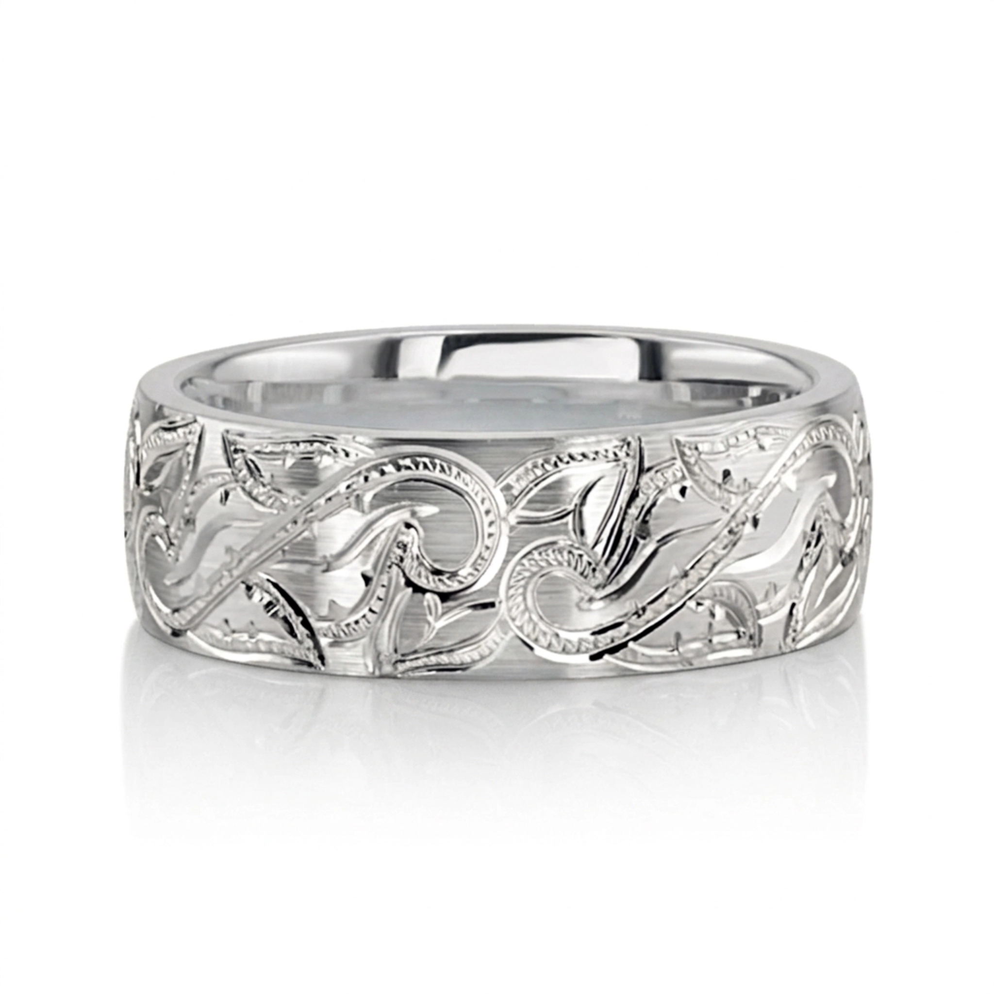 10K white gold 7mm. satin finish Chic-Leaf-Design-Wedding-Band - alternate view 2