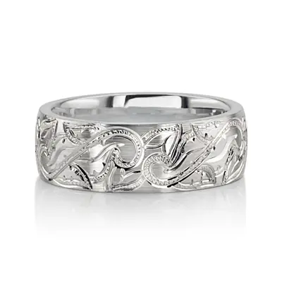 10K white gold 7mm. satin finish Chic-Leaf-Design-Wedding-Band - alternate view 2 thumbnail
