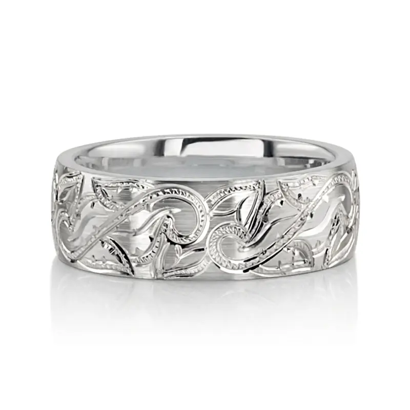 14K white gold 7mm. satin finish Chic-Leaf-Design-Wedding-Band - alternate view 2
