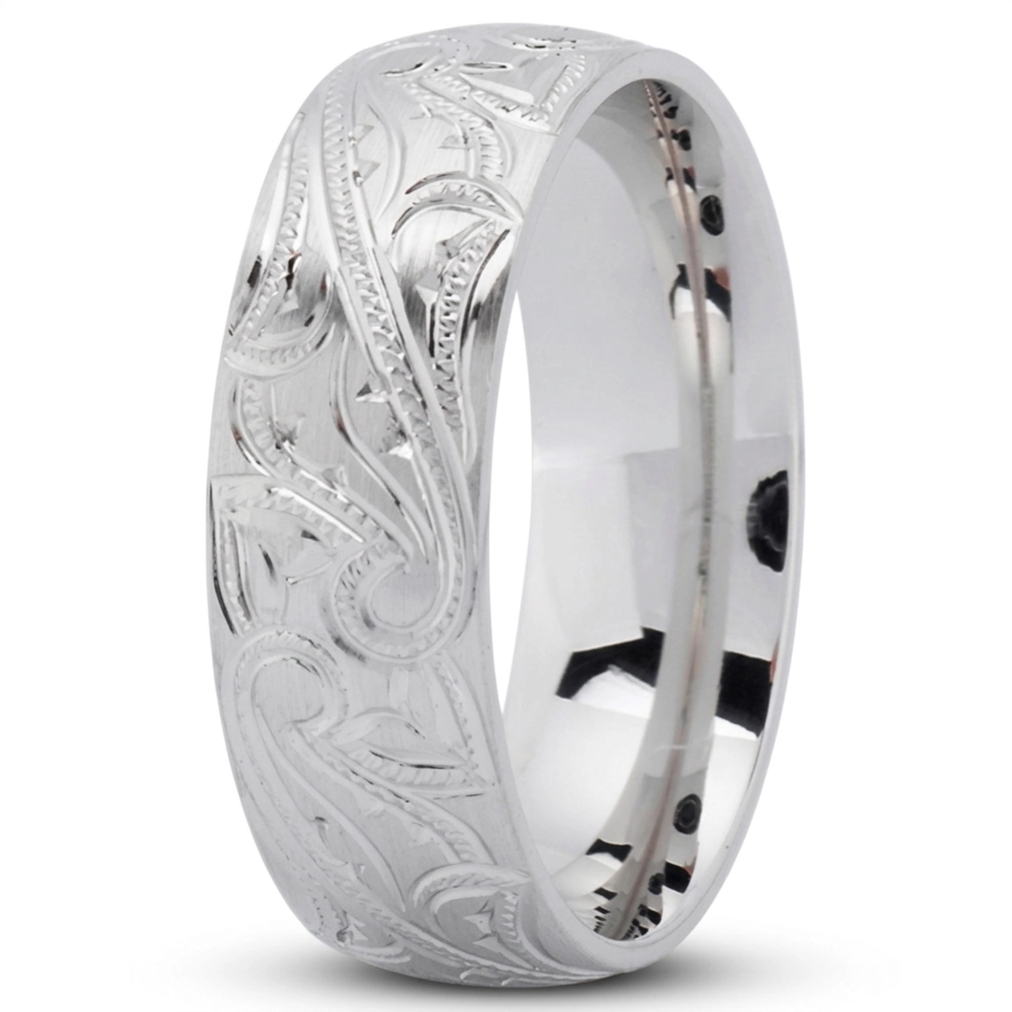10K white gold 7mm. satin Chic-Leaf-Design-Wedding-Band - alternate view 5