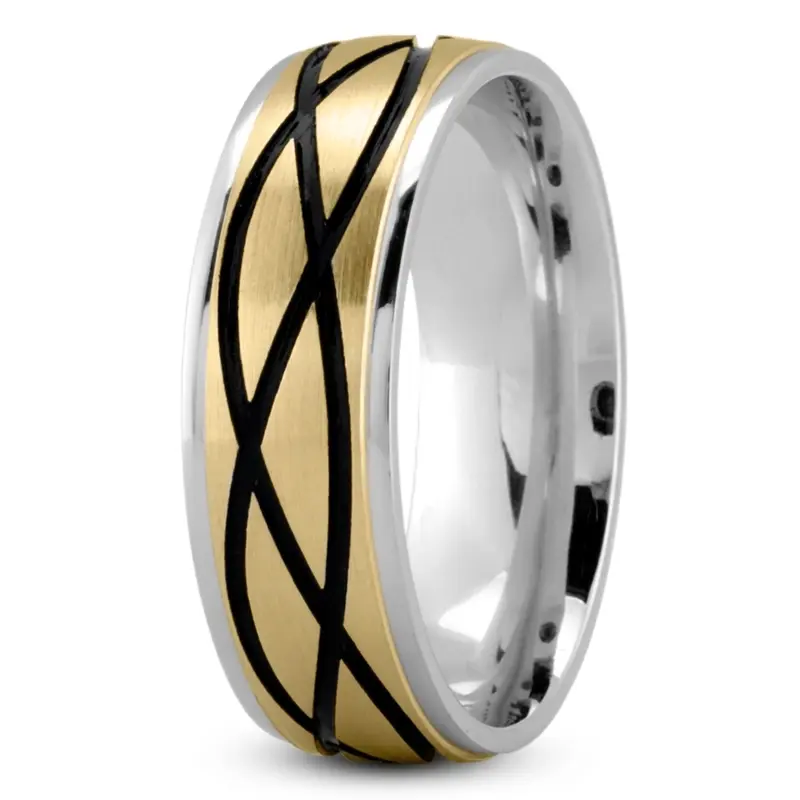 14K white-yellow-white gold 7mm. satin Exclusive-Carved-Wedding-Ring - alternate view 5