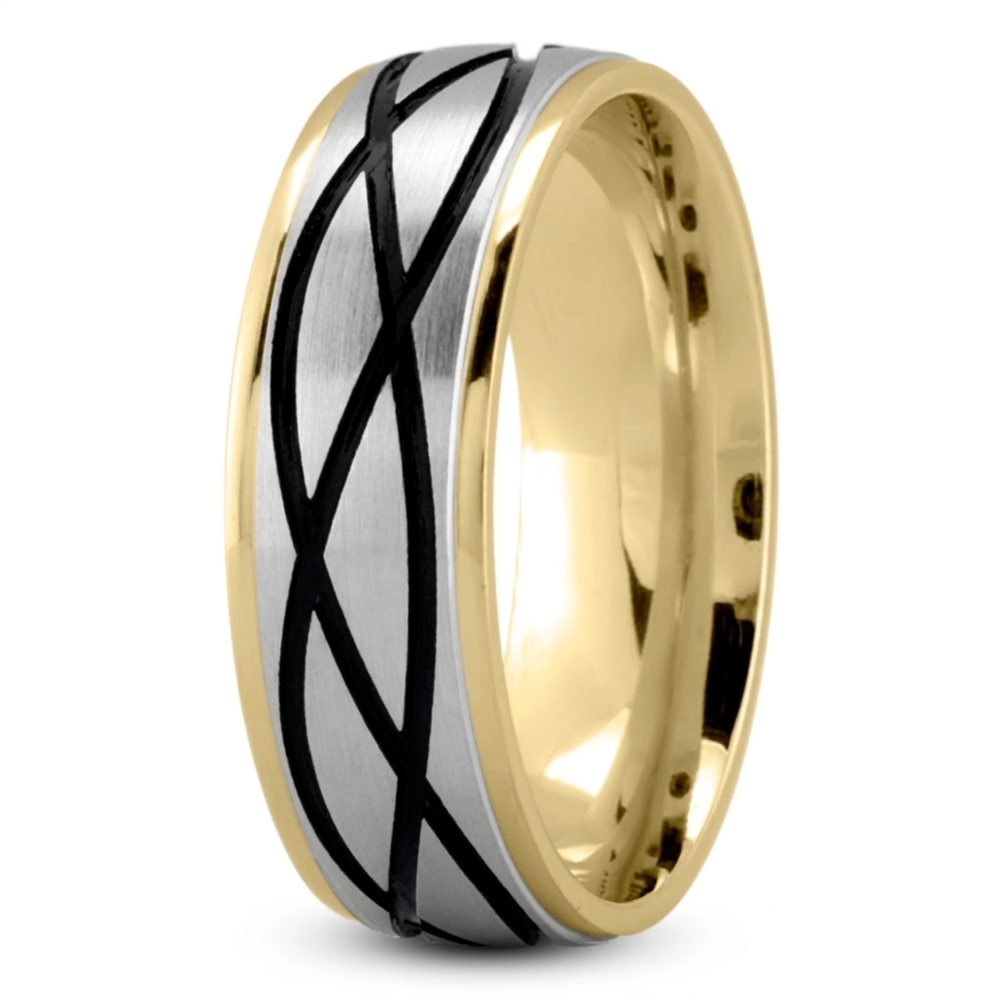 10K yellow-white-yellow gold 7mm. satin Exclusive-Carved-Wedding-Ring - main view