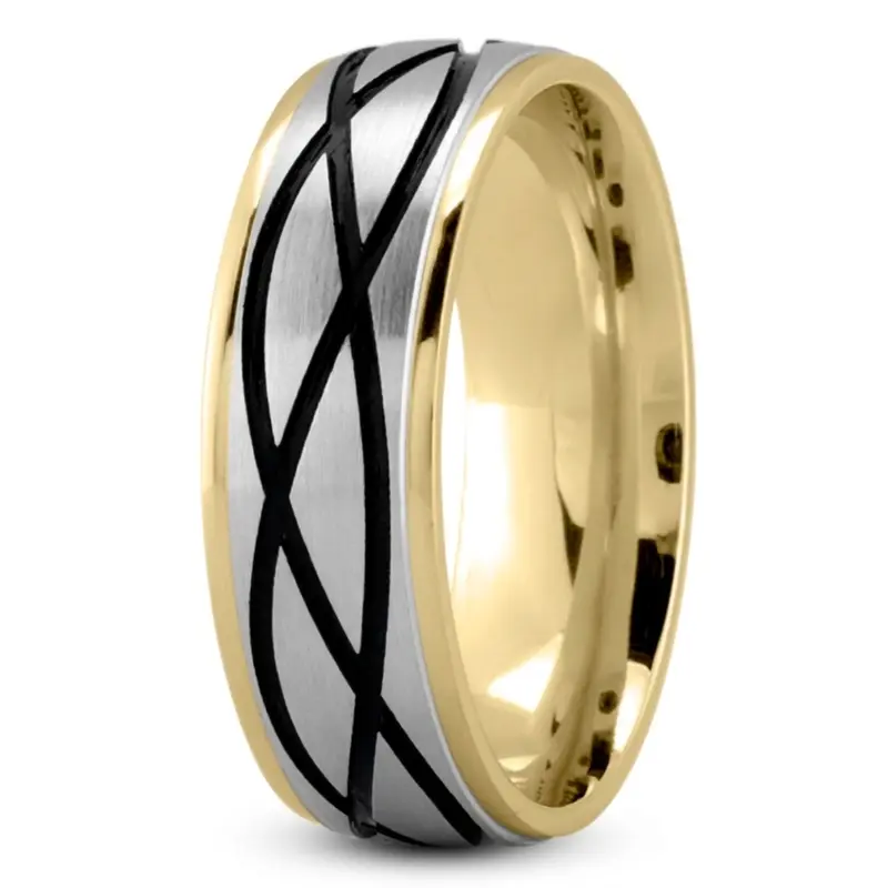 14K yellow-white-yellow gold 7mm. satin Exclusive-Carved-Wedding-Ring - main view