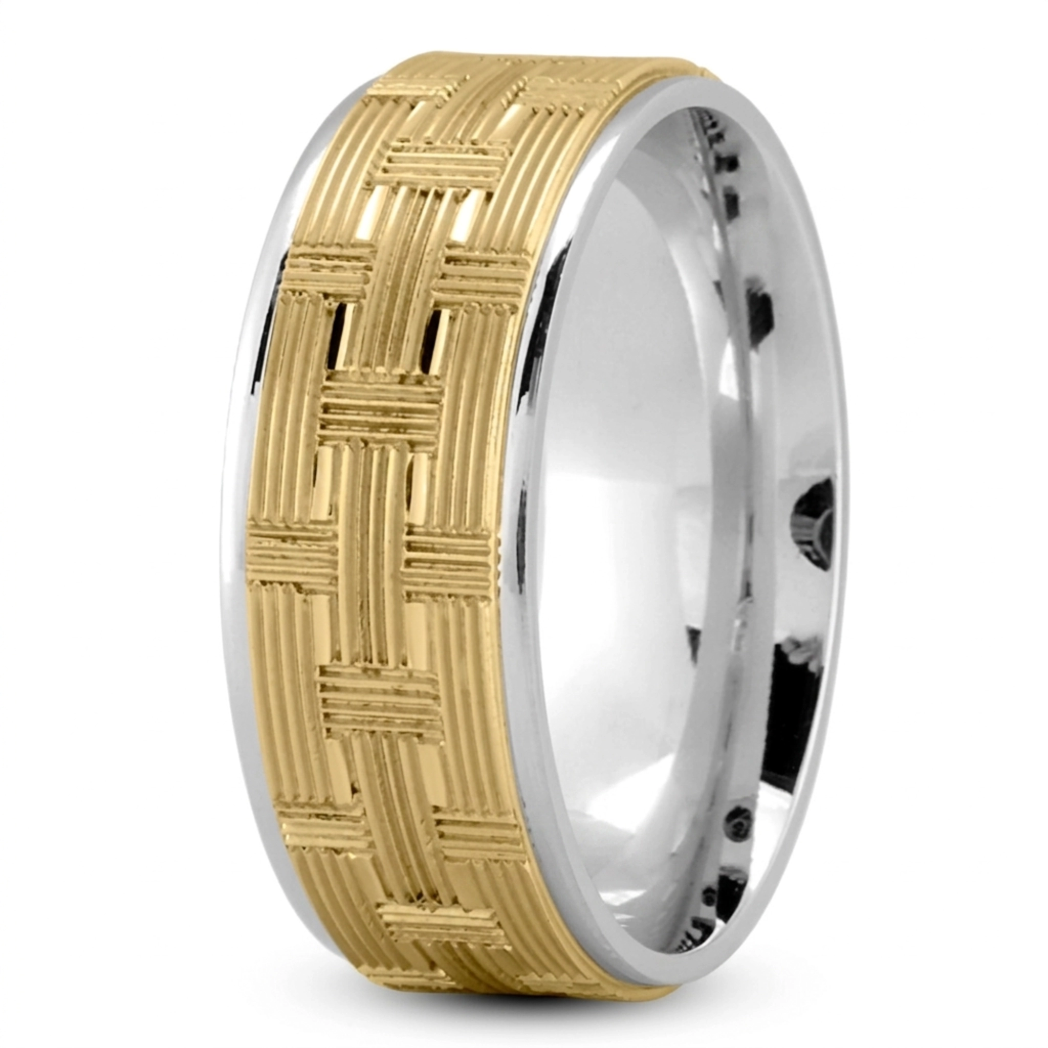 10K white-yellow-white gold 8mm. glass-bead Woven-Basket-Pattern-Wedding-Band - alternate view 3