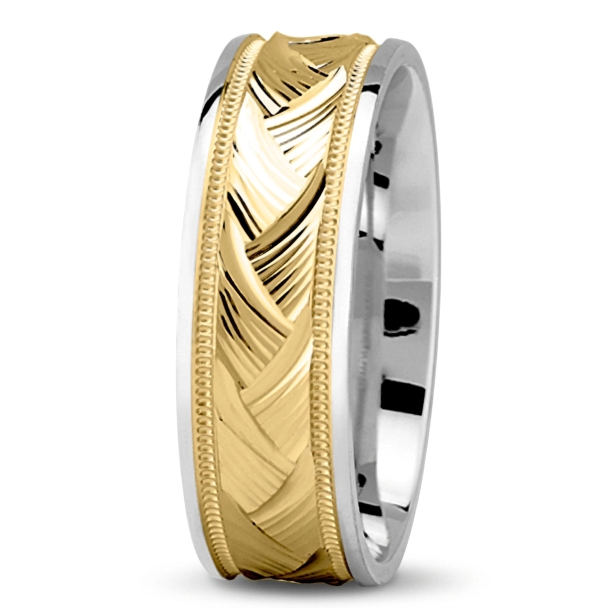 10K white-yellow-white gold 7mm. high polish Fancy-Incised-Designer-Wedding-Band - main view
