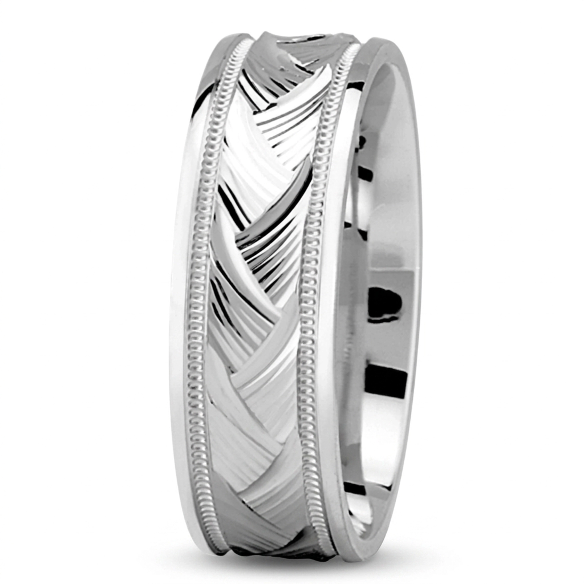 10K white gold 7mm. high polish Fancy-Incised-Designer-Wedding-Band - alternate view 2