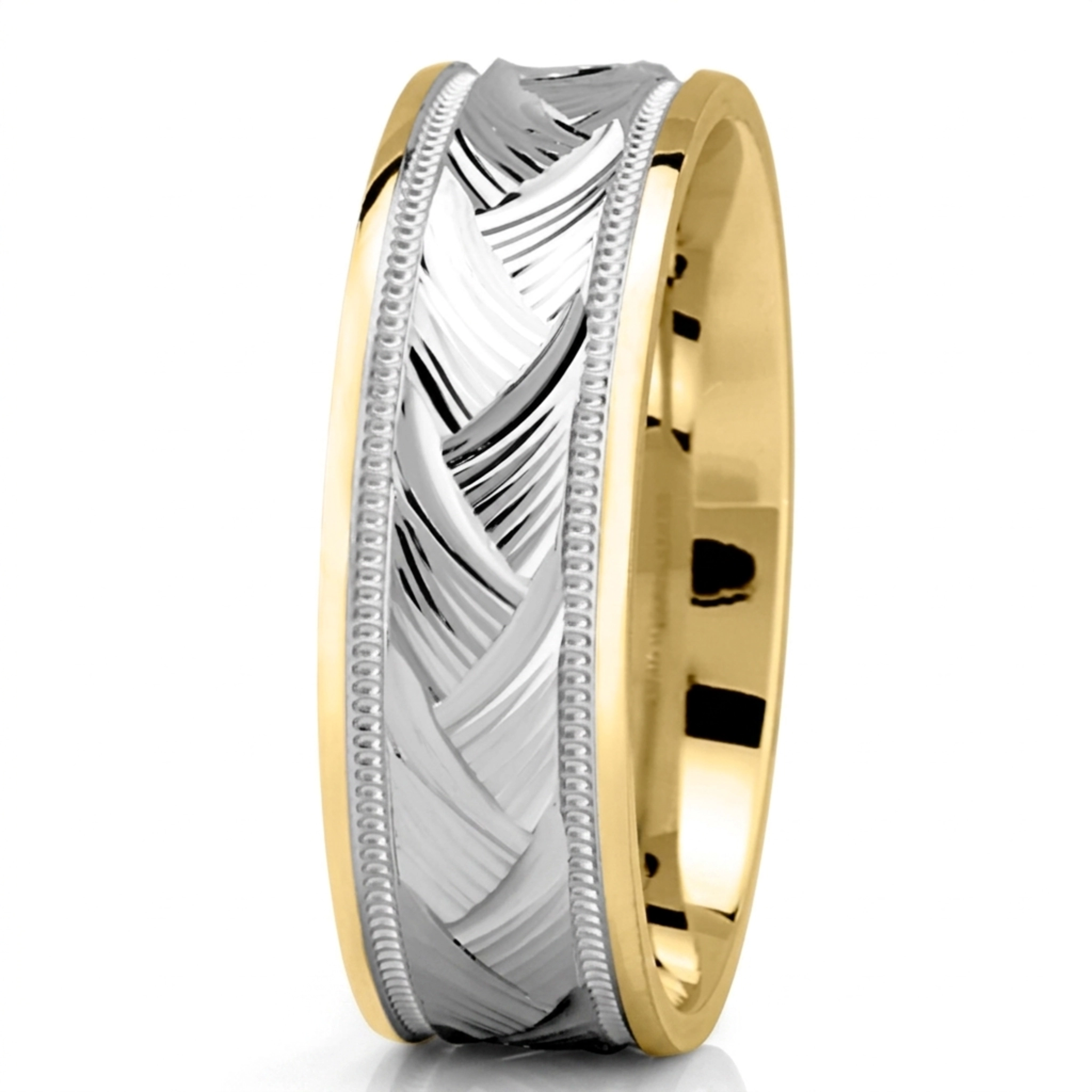 10K yellow-white-yellow gold 7mm. high polish Fancy-Incised-Designer-Wedding-Band - alternate view 4