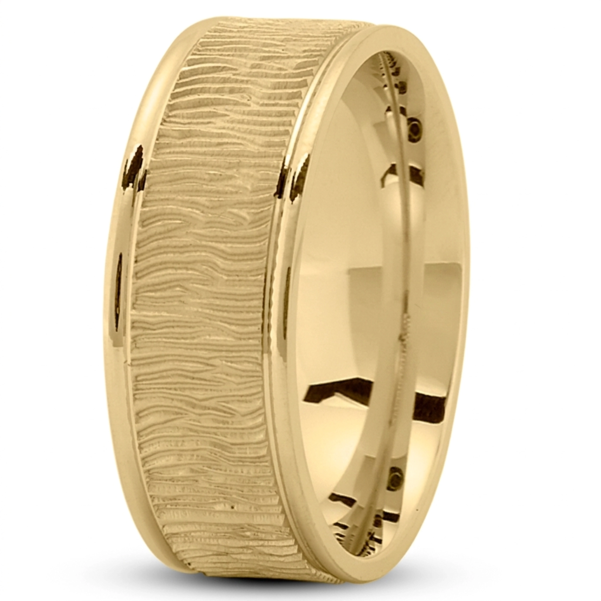 10K yellow gold 8mm. glass-bead Wood-Grain-Pattern-Wedding-Ring - main view