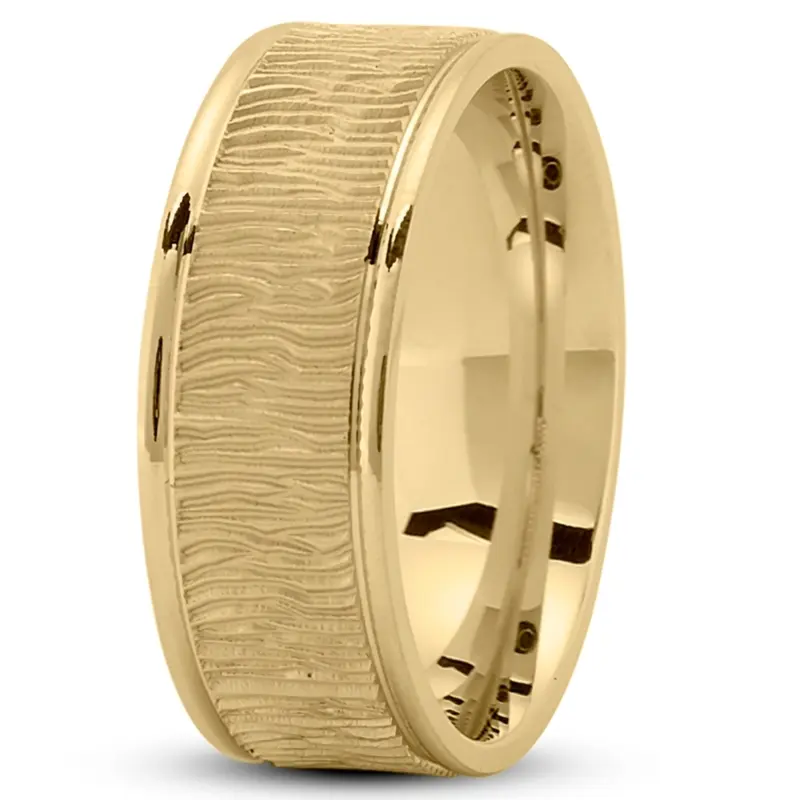 14K yellow gold 8mm. glass-bead Wood-Grain-Pattern-Wedding-Ring - main view