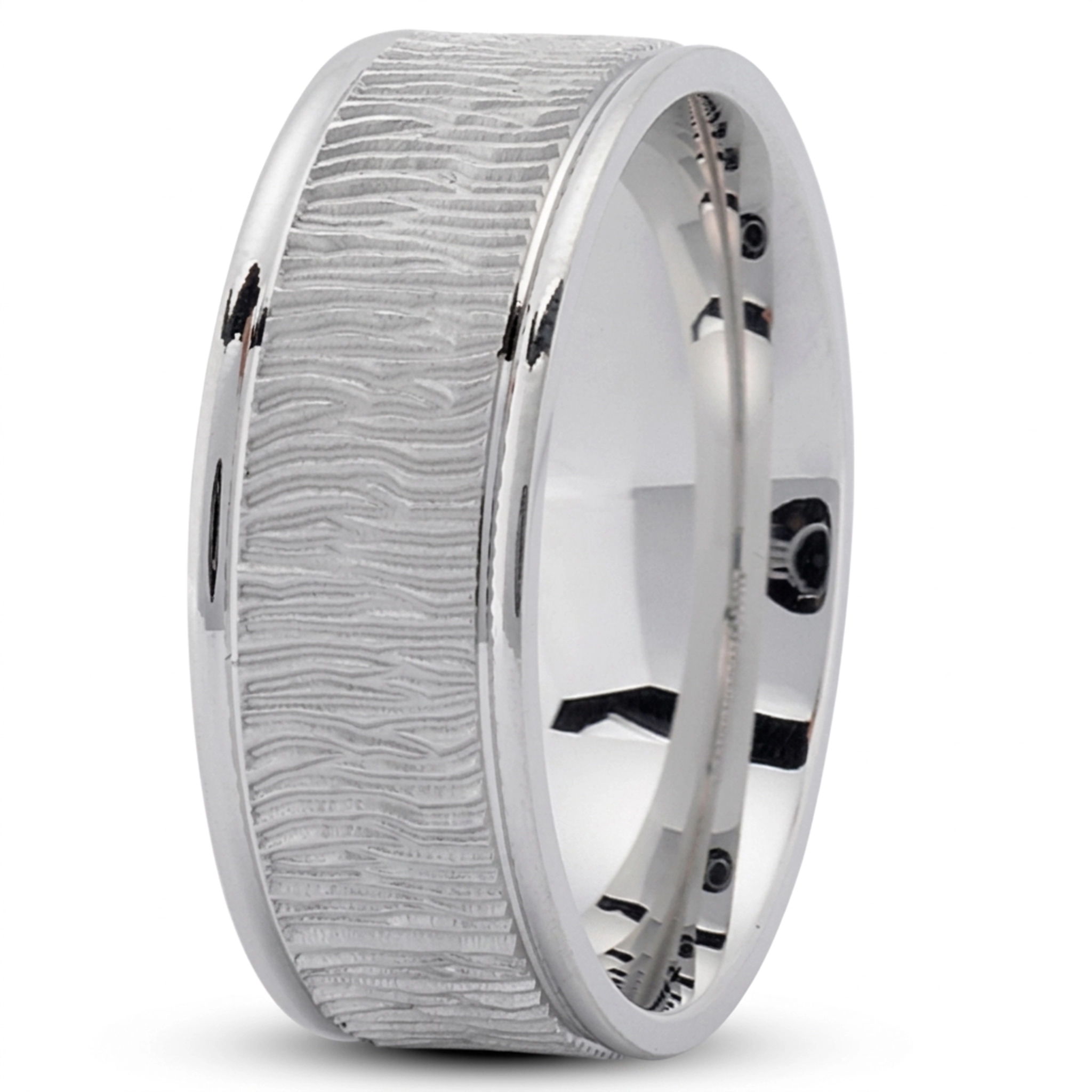 10K white gold 8mm. glass-bead Wood-Grain-Pattern-Wedding-Ring - alternate view 3