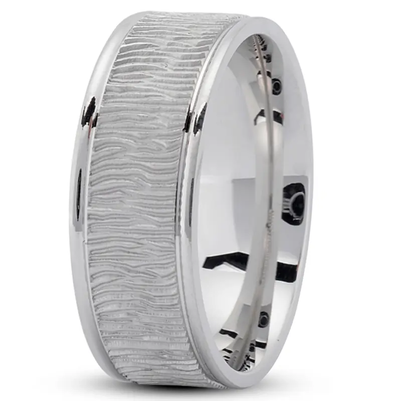 14K white gold 8mm. glass-bead Wood-Grain-Pattern-Wedding-Ring - alternate view 3