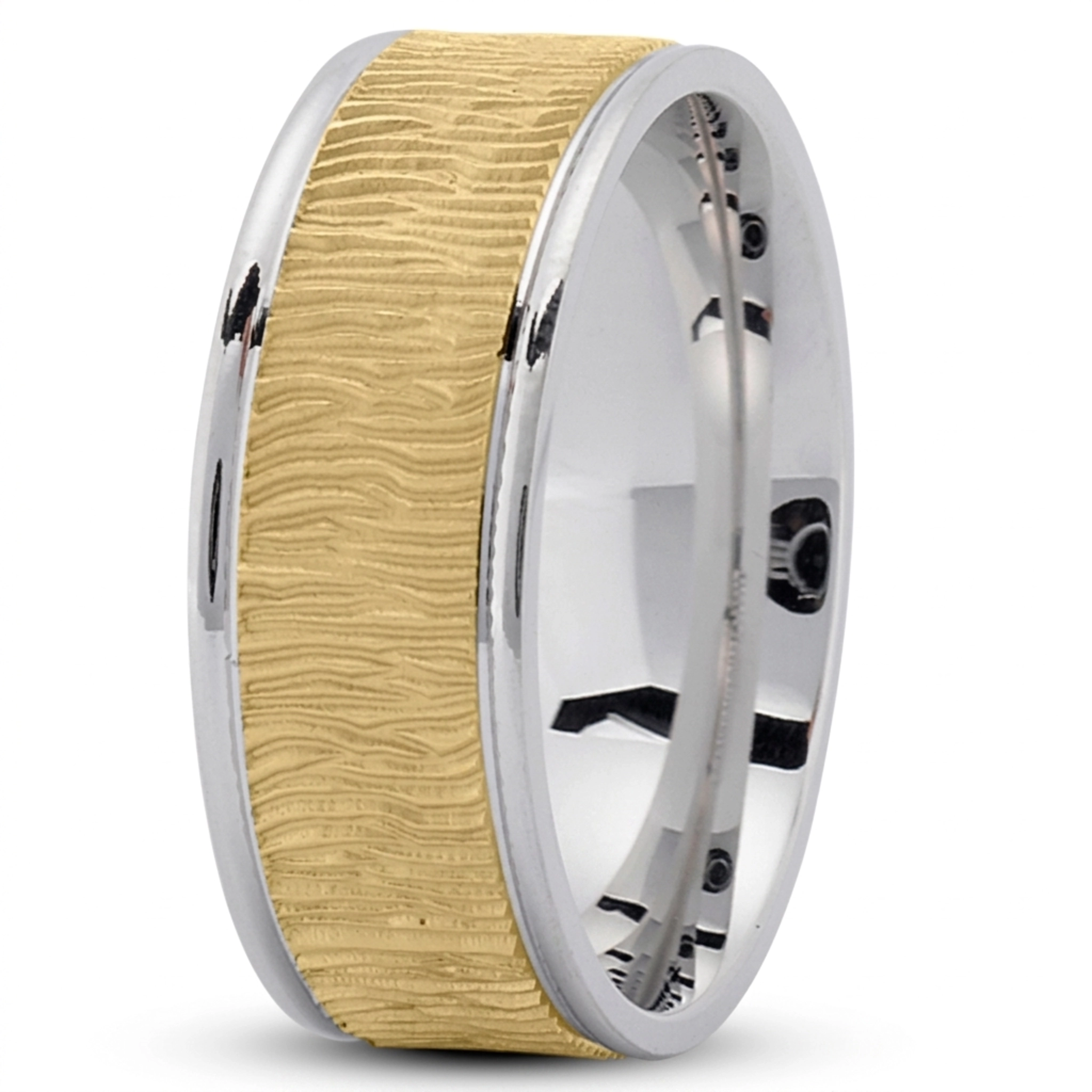 10K white-yellow-white gold 8mm. glass-bead Wood-Grain-Pattern-Wedding-Ring - alternate view 2