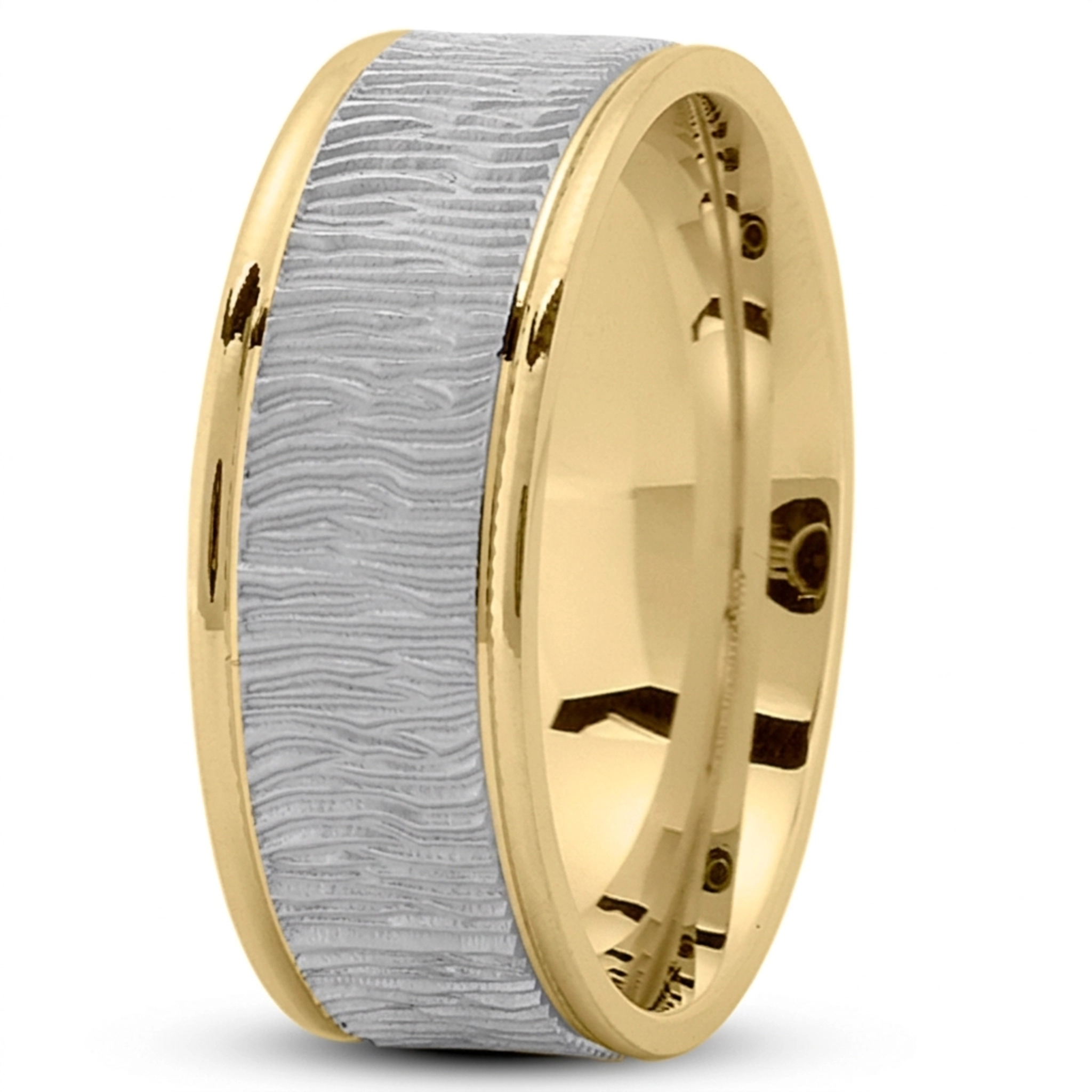 10K yellow-white-yellow gold 8mm. glass-bead Wood-Grain-Pattern-Wedding-Ring - alternate view 5
