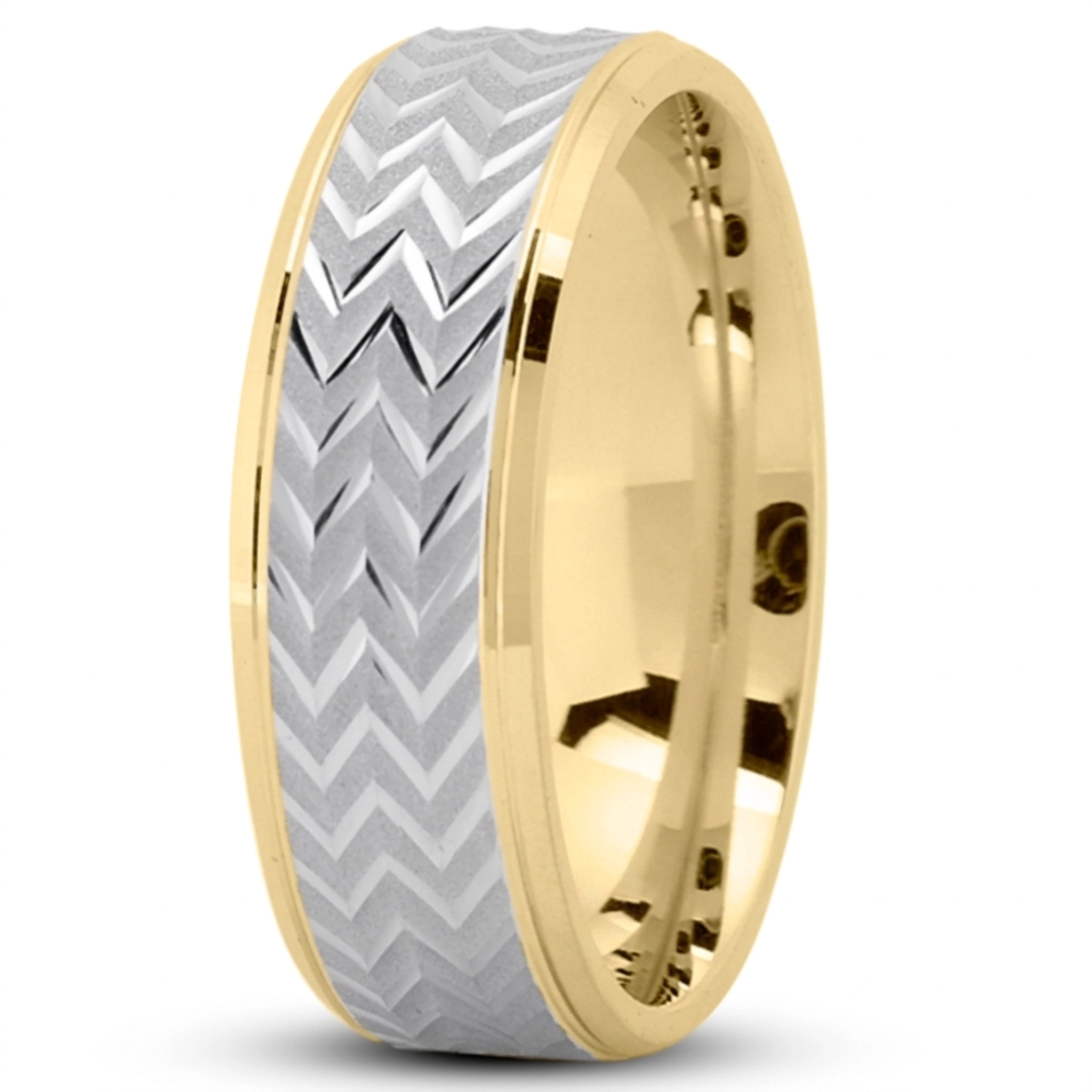 10K yellow-white-yellow gold 7mm. glass-bead Zigzag-Pattern-Flat-Wedding-Band - main view