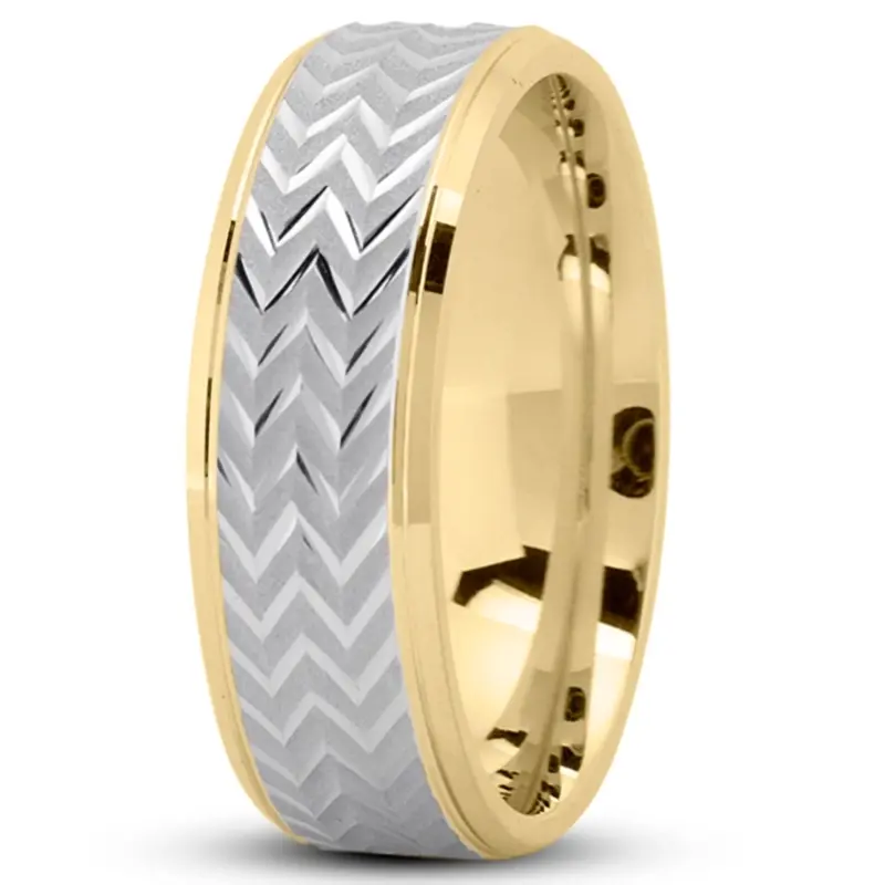 14K yellow-white-yellow gold 7mm. glass-bead Zigzag-Pattern-Flat-Wedding-Band - main view
