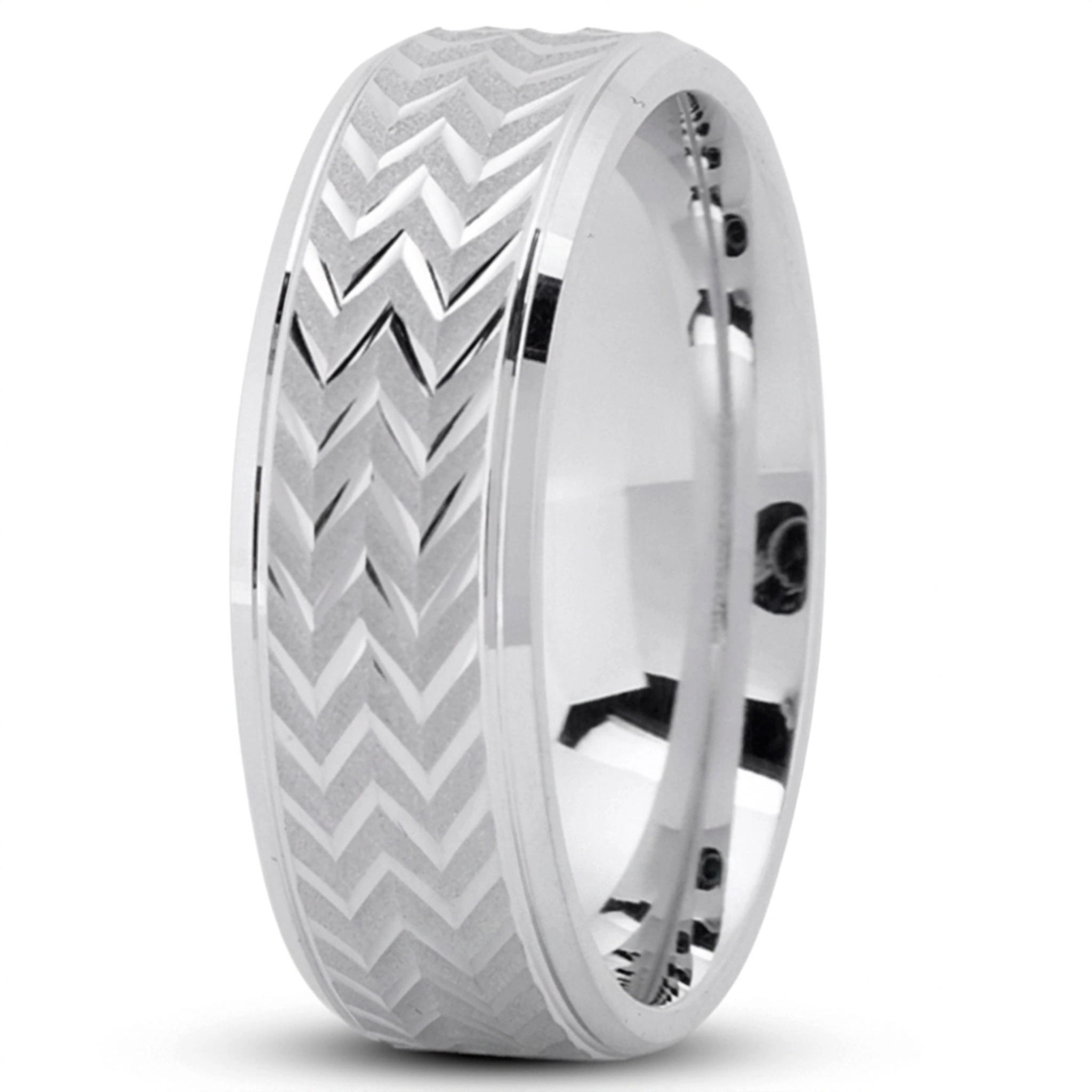 10K white gold 7mm. glass-bead Zigzag-Pattern-Flat-Wedding-Band - alternate view 2