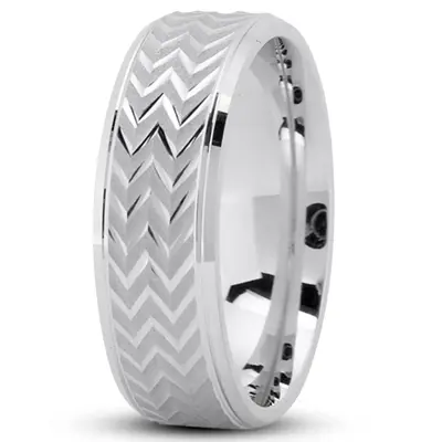 10K white gold 7mm. glass-bead Zigzag-Pattern-Flat-Wedding-Band - alternate view 2 thumbnail