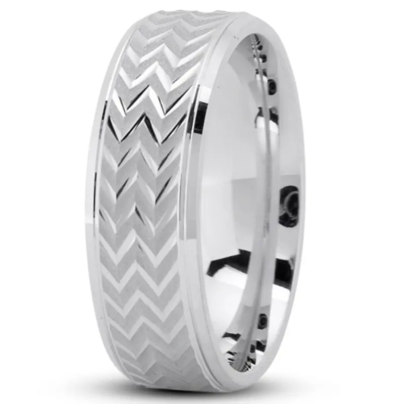 14K white gold 7mm. glass-bead Zigzag-Pattern-Flat-Wedding-Band - alternate view 2