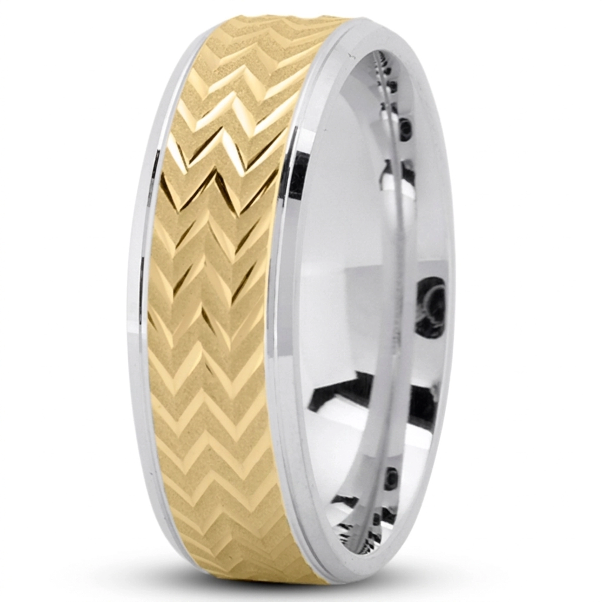 10K white-yellow-white gold 7mm. glass-bead Zigzag-Pattern-Flat-Wedding-Band - alternate view 3