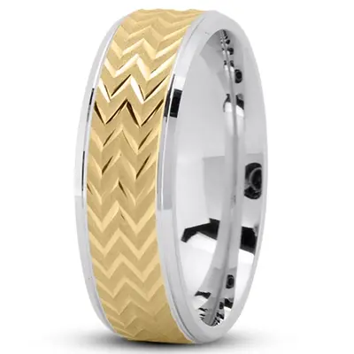 10K white-yellow-white gold 7mm. glass-bead Zigzag-Pattern-Flat-Wedding-Band - alternate view 3 thumbnail
