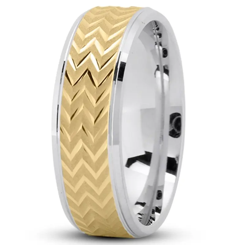 14K white-yellow-white gold 7mm. glass-bead Zigzag-Pattern-Flat-Wedding-Band - alternate view 3