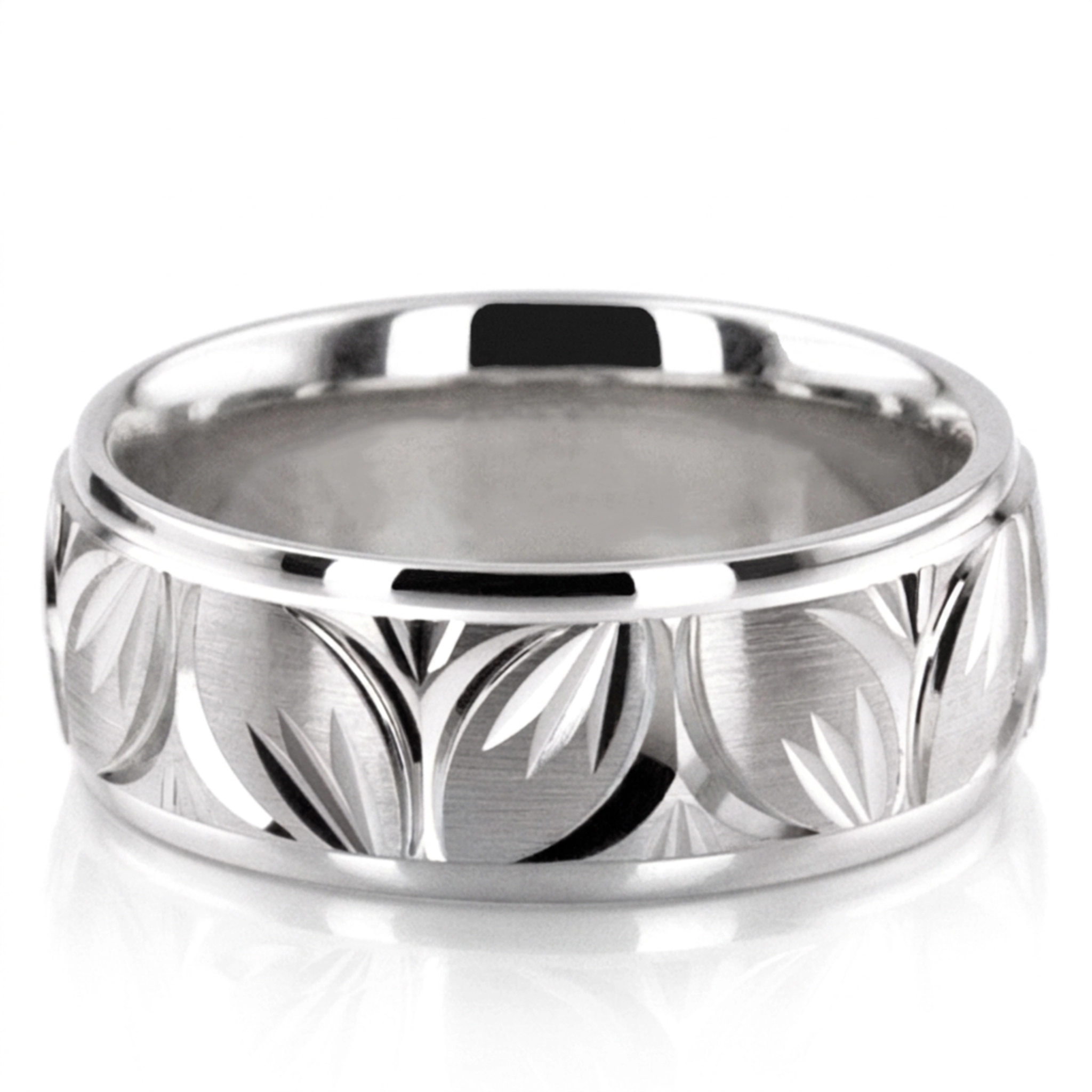 10K white gold 7mm. satin Charming-Leaf-Design-Wedding-Ring - alternate view 8