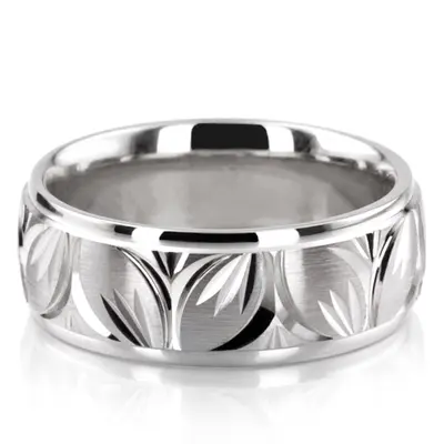 10K white gold 7mm. satin Charming-Leaf-Design-Wedding-Ring - alternate view 8 thumbnail
