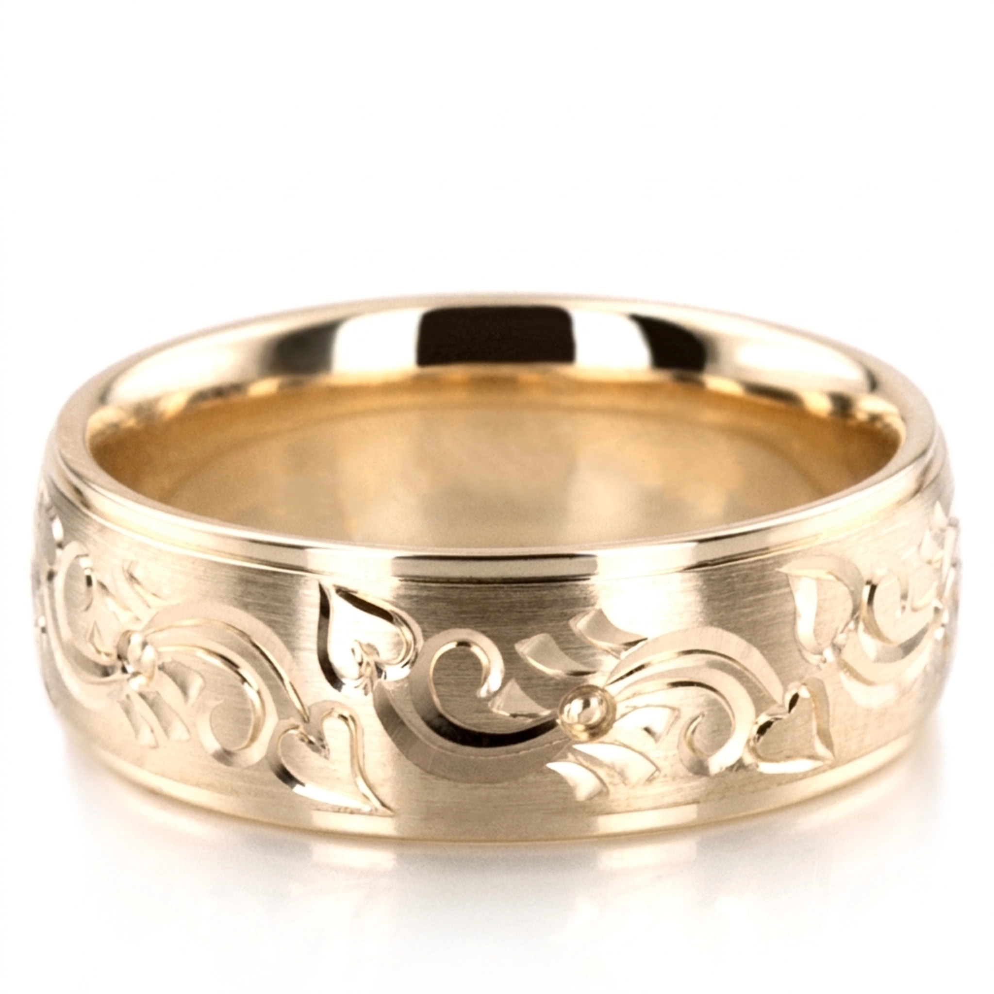 10K yellow gold 7mm. satin finish Majestic-Floral-Wedding-Band - main view