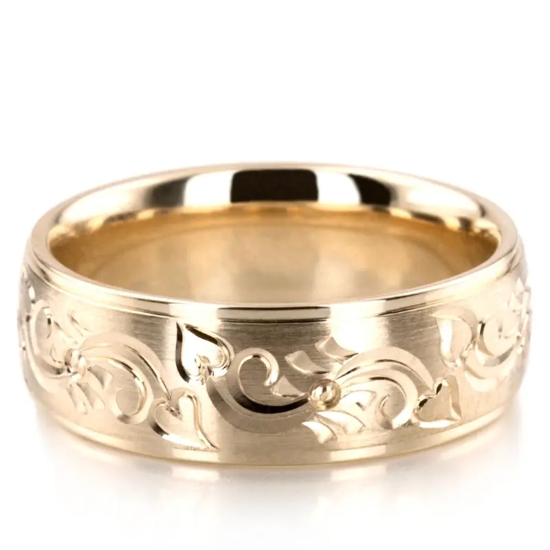 14K yellow gold 7mm. satin finish Majestic-Floral-Wedding-Band - main view