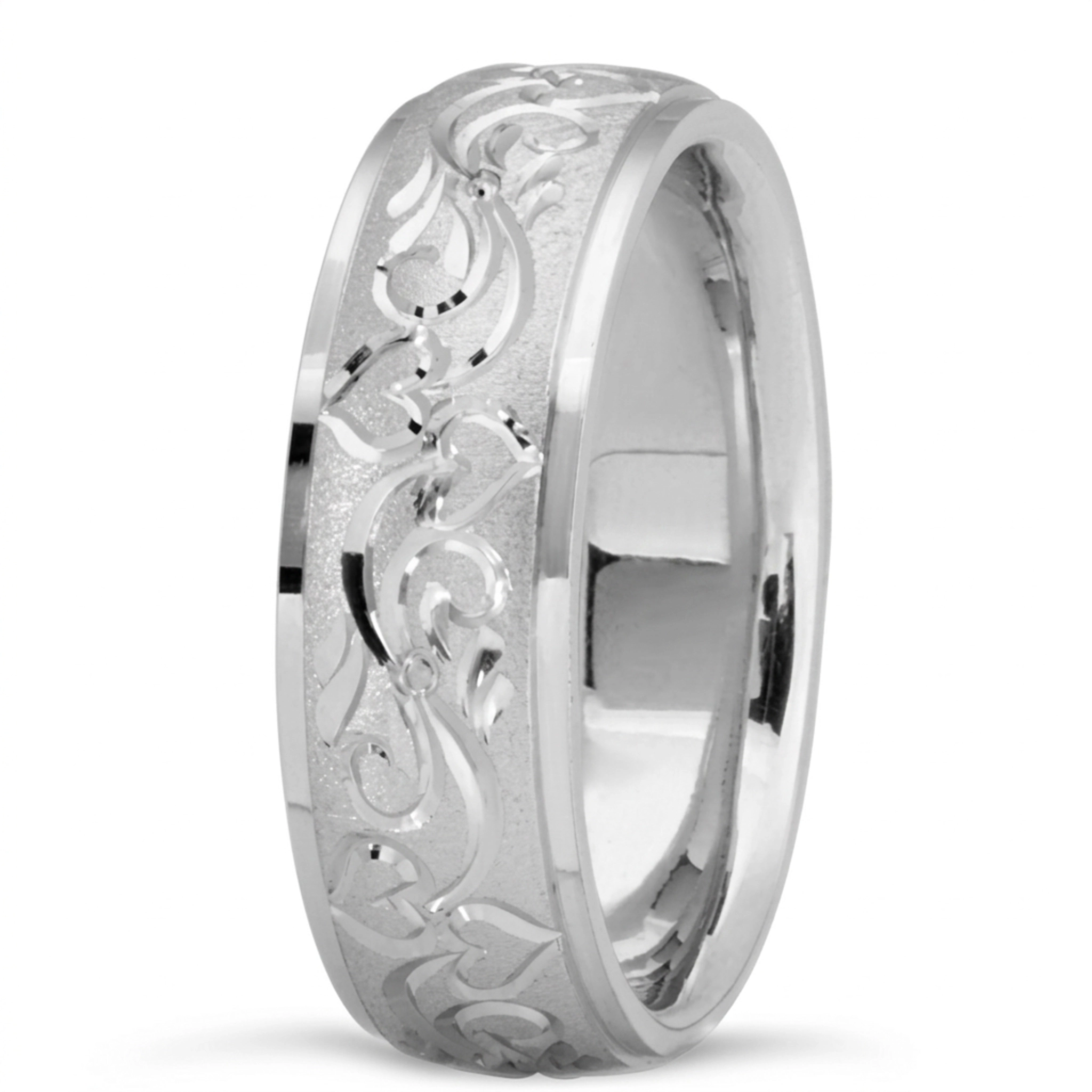 10K white gold 7mm. cross satin Majestic-Floral-Wedding-Band - alternate view 5