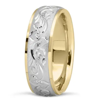 10K yellow-white-yellow gold 7mm. cross satin Majestic-Floral-Wedding-Band - alternate view 3 thumbnail