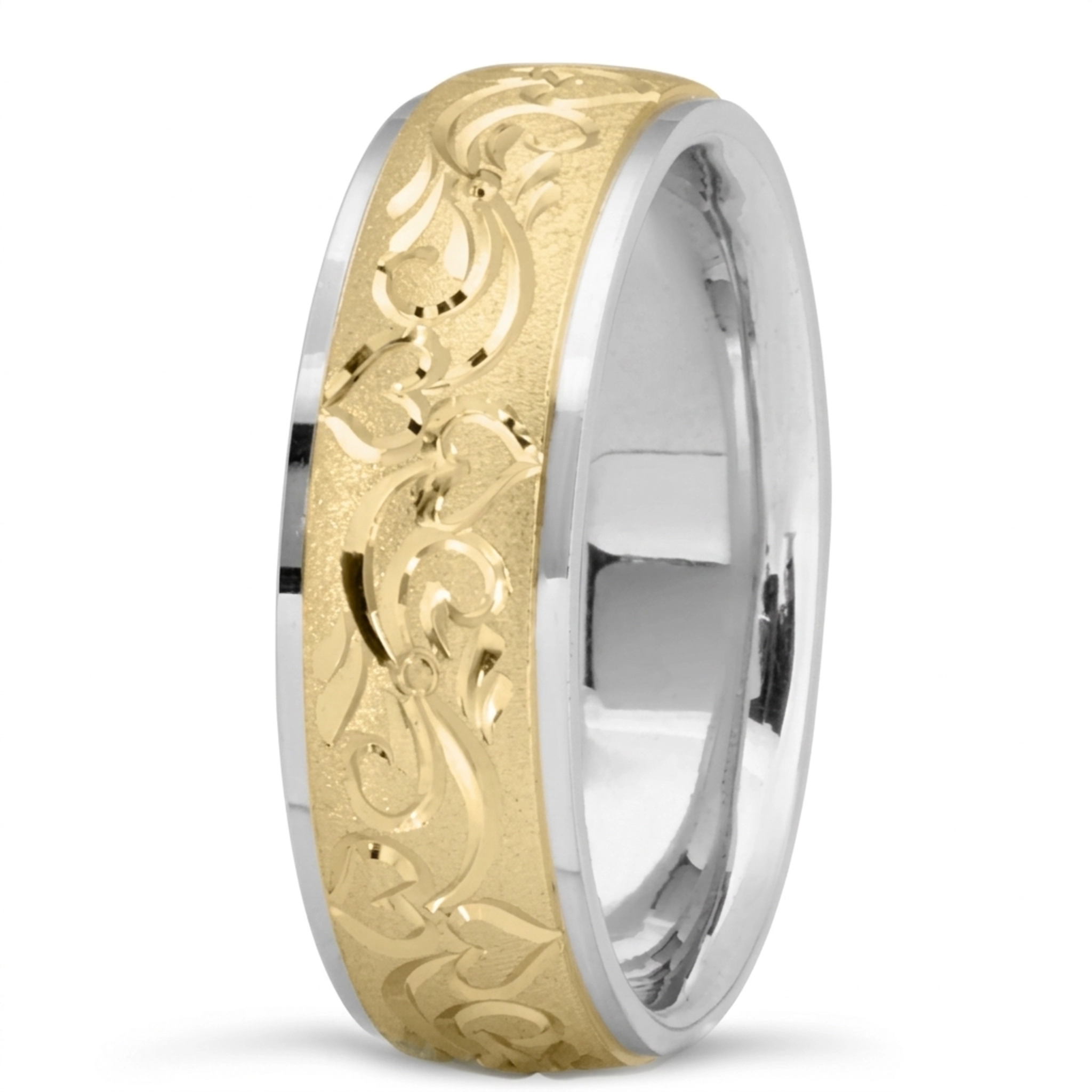 10K white-yellow-white gold 7mm. cross satin Majestic-Floral-Wedding-Band - alternate view 6