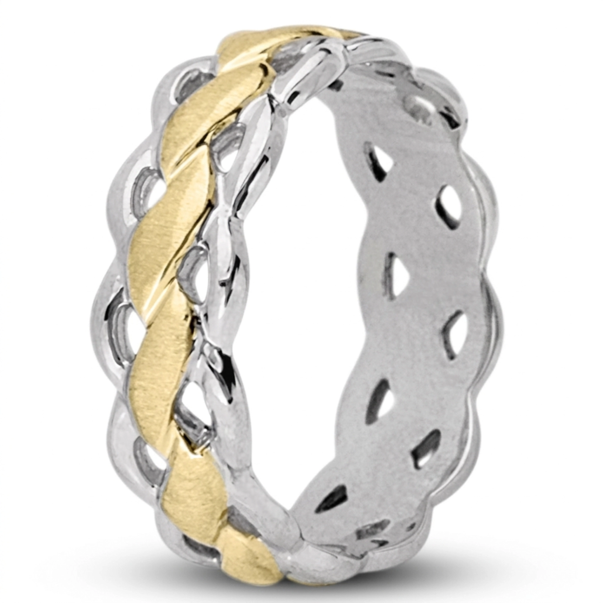 10K white-yellow-white gold 7mm. cross satin Twist-Wedding-Band - main view
