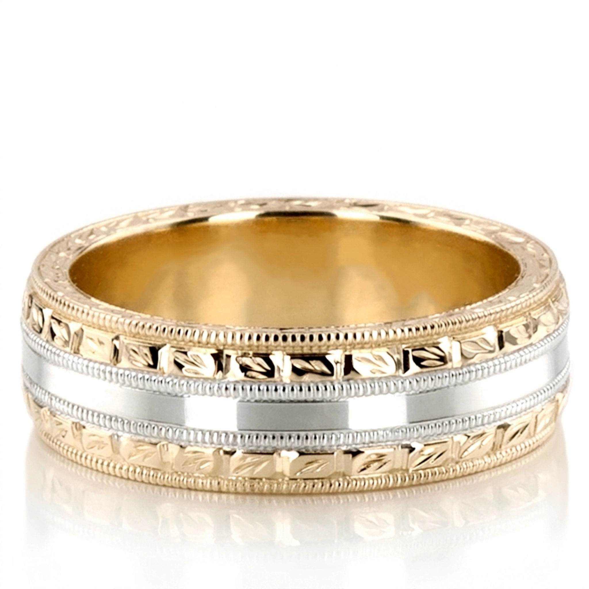 10K yellow-white-yellow gold 7mm. high polish hand-engraved-fancy-carved-wedding-band - main view