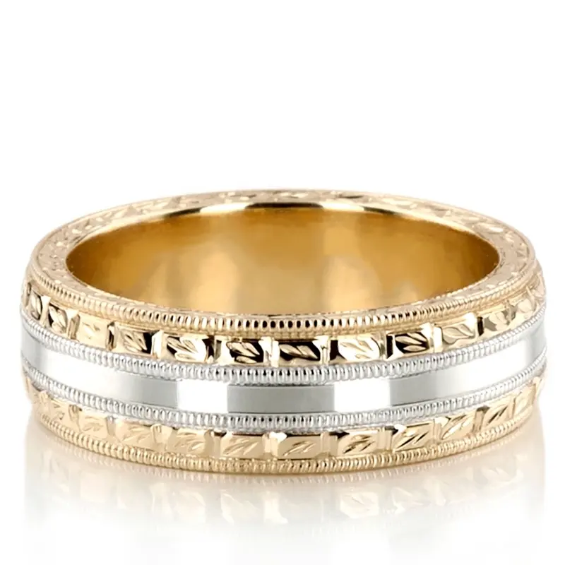 10K yellow-white-yellow gold 7mm. high polish hand-engraved-fancy-carved-wedding-band - main view