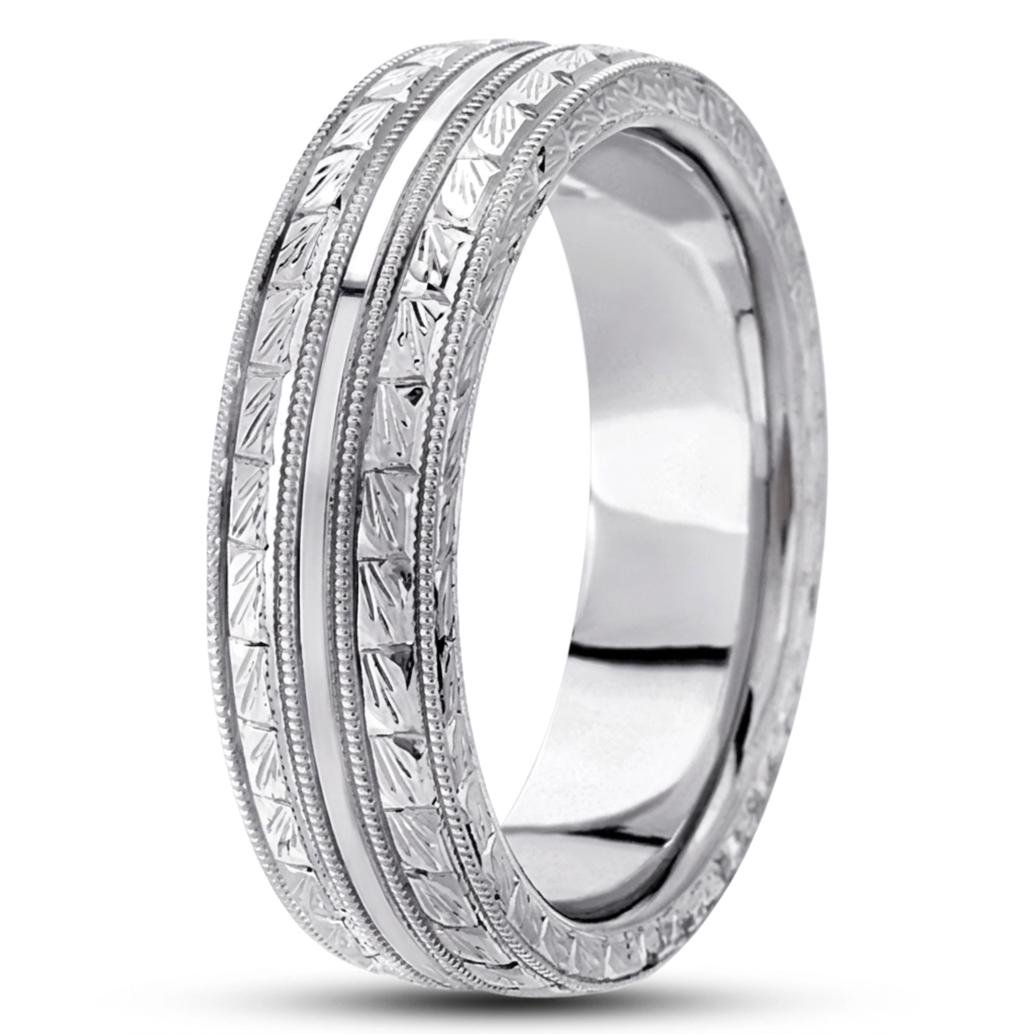 10K white gold 7mm. high polish hand-engraved-fancy-carved-wedding-band - alternate view 4