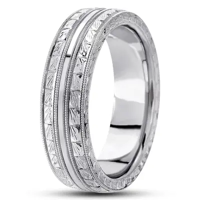 10K white gold 7mm. high polish hand-engraved-fancy-carved-wedding-band - alternate view 4 thumbnail