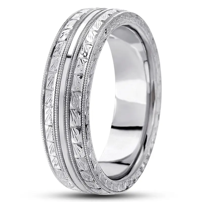 10K white gold 7mm. high polish hand-engraved-fancy-carved-wedding-band - alternate view 4